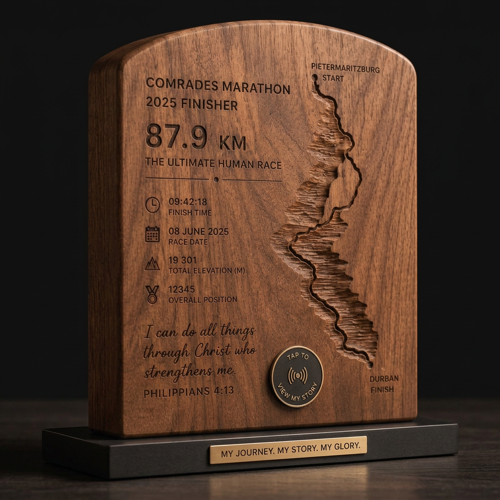 Three-quarter view of the solid walnut RunMemory plaque