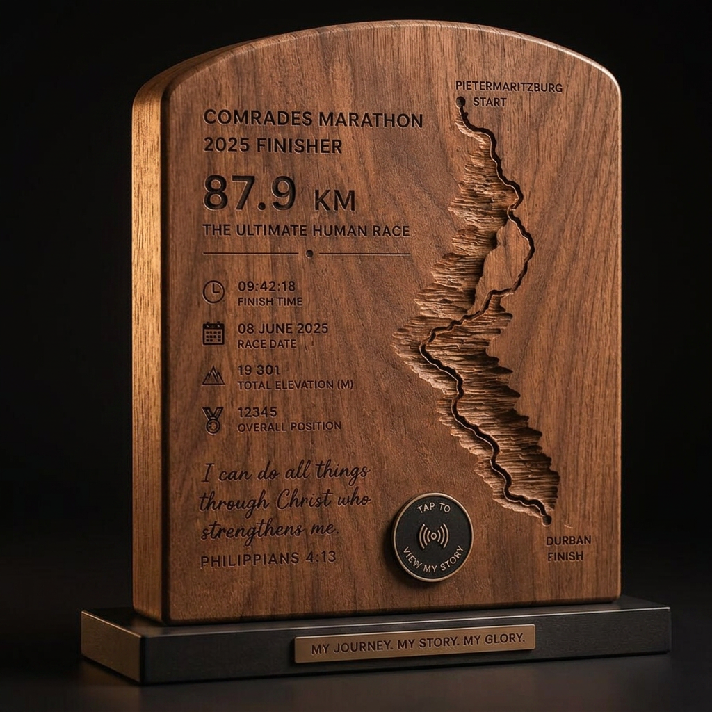 RunMemory solid walnut race plaque with 3D carved route and NFC medallion