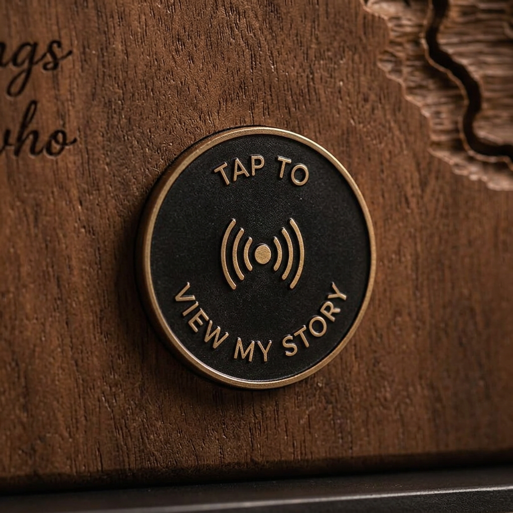 Close-up of the NFC medallion set into the walnut plaque