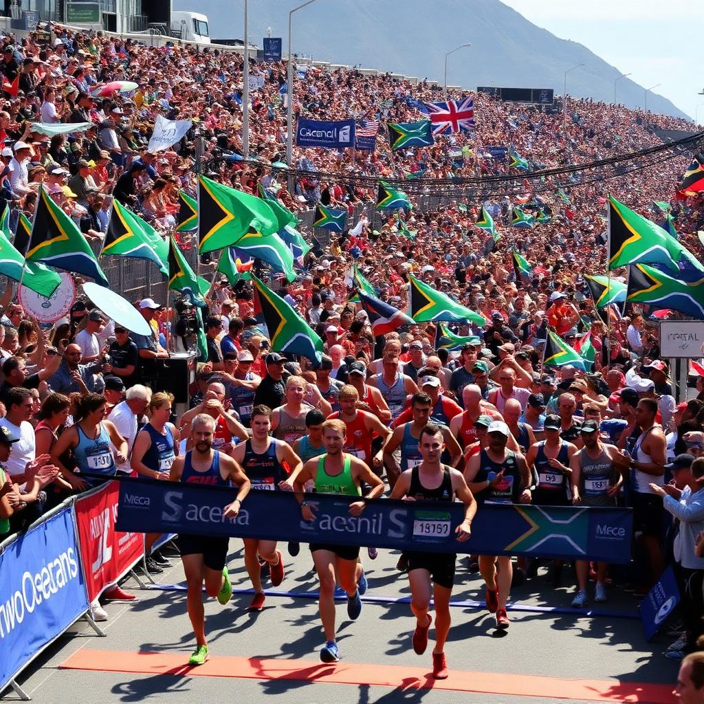 Crowd of supporters waving South African flags